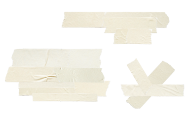 set of clean, pale yellow adhesive masking tape pieces arranged in various forms, including layered strips and a multi-directional cross, isolated on black.