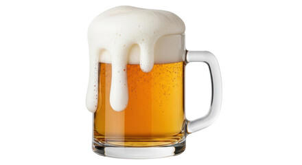 Isolated beer glass mug with foam dripping, cold beverage, refreshment, alcoholic drink
