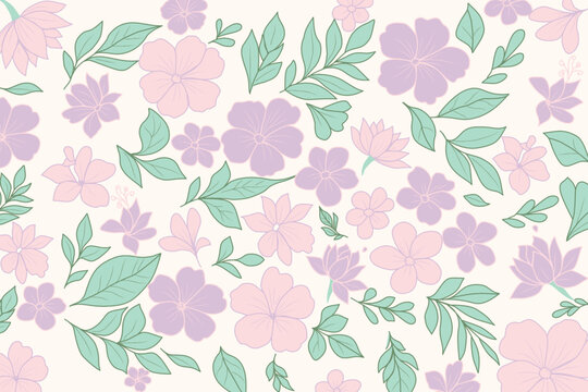 Soft floral seamless pattern in pastel pink, purple, and mint green tones