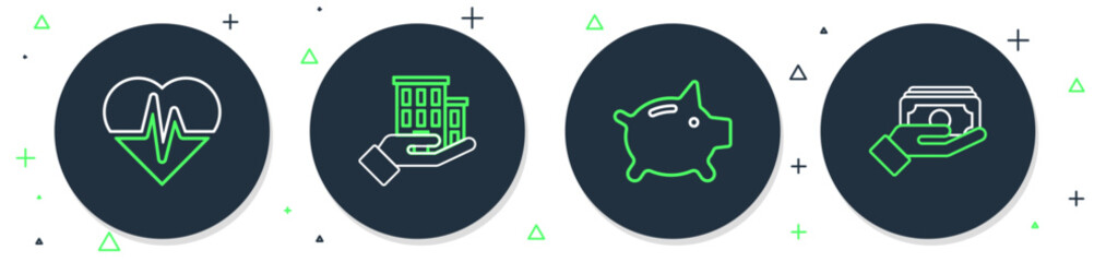 Set line House insurance, Piggy bank, Health and Stacks paper money cash icon. Vector