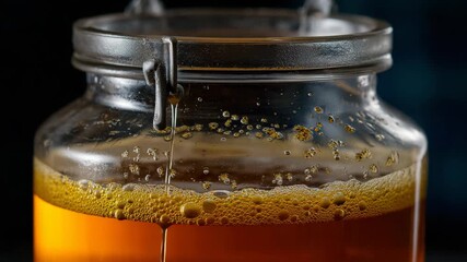 A close-up of a glass jar filled with a frothy amber liquid, highlighting the effervescence and texture, perfect for showcasing artisanal beverages and handcrafted drinks.