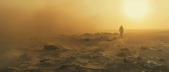 Silhouetted figure walking through barren desert wasteland scattered with discarded clothing under a glowing sunset