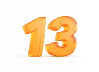 Radiant orange 3D number 13 with reflective highlights and glowing effects. 3D illustration.