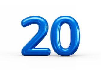 Shiny blue balloon number 20 with glossy surface and smooth inflated curves. 3d illustration