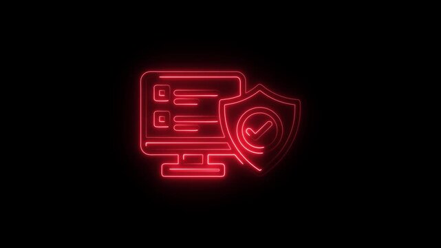 Neon Red Computer Screen with Shield and Checkmark Security Icon on Black Background Digital