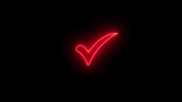 Glowing Red Neon Check Mark icon Animation in Black Background 