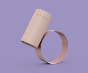 Elegant cylindrical paper jar balanced on abstract curve, pastel purple. 3d illustration