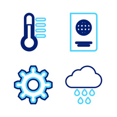 Set line Cloud with rain, Cogwheel gear settings, Passport and Thermometer icon. Vector