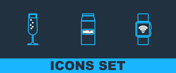 Set line Smartwatch with wireless, Glass of champagne and Paper package for milk icon. Vector