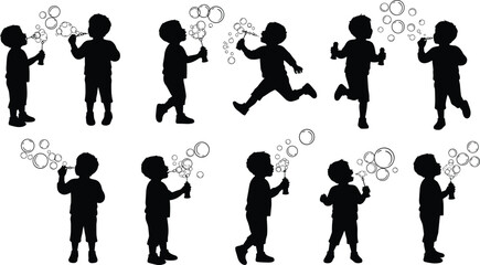 Silhouette of young boys blowing soap bubbles, playful childhood moments, outdoor fun activity, carefree summer joy, happy kids 