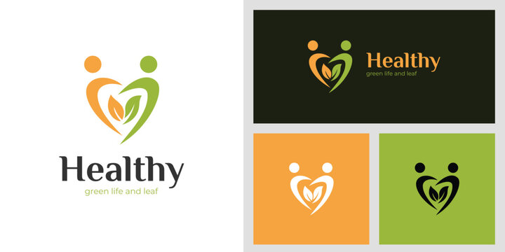 Healthy Love People Logo Design with Abstract Heart and Leaf Symbol Represents Care, Nature, and Wellness Graphic Concept for Eco Brand, Health, and Organic Lifestyle Business