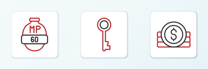 Set line Ancient coin, Video game bar and Old key icon. Vector