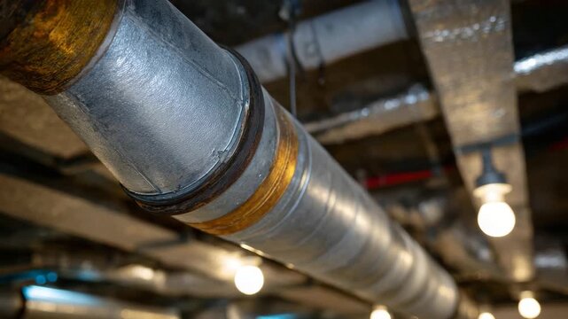 A close-up of a metallic pipe hanging in a basement, emphasizing industrial design, functionality, and the structural elements that support modern infrastructure.