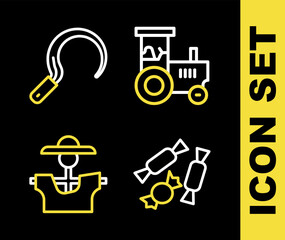 Set line Tractor, Candy, Scarecrow and Sickle icon. Vector