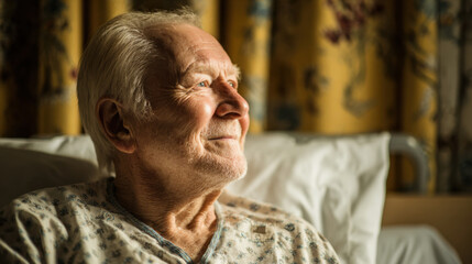Fototapeta premium Elderly man resting in a hospital bed, smiling peacefully as warm sunlight streams through the window