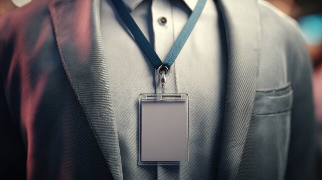 A close-up of a blank ID badge hanging from a suit with a teal lanyard, suggesting professionalism and identity.