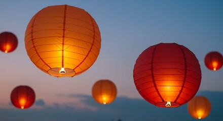 穏やかに広がる夕闇の空へ温かく幻想的な輝きを放ちながらゆっくりと舞い上がる数多の美しいオレンジと赤の提灯が特別な夜を彩り忘れられない光景を生み出す. AI Generated