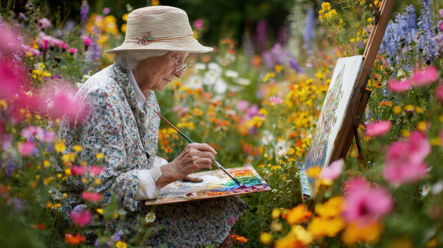 Elderly woman painting outdoors in a colorful flower garden, expressing creativity, peace, and joy in nature through art and mindfulness