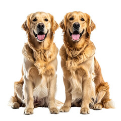 Two golden retrievers side-by-side, smiling, with happy expressions, isolated