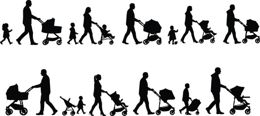 Silhouette parents walking with children and strollers, family outdoor activity, modern parenting, father mother kids together, love and care