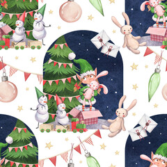 Watercolor seamless pattern with snowmen and a Christmas elf