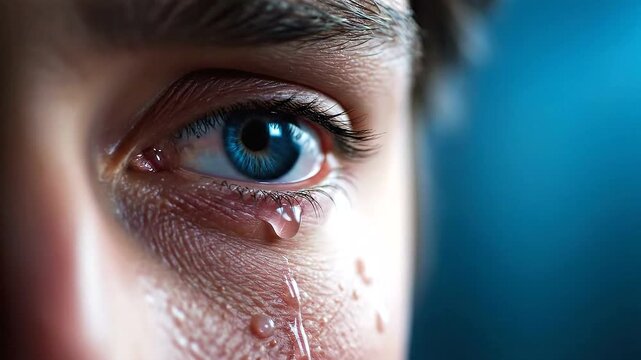Close up of a sad blue eye with tears streaming down the face.