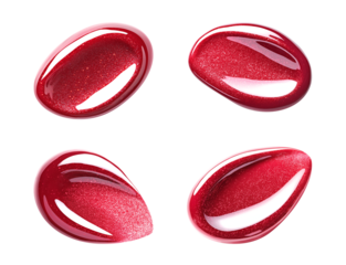 Oval swatch of diamond shiny lip gloss, burgundy red color. Close-up set of glossy shimmering particle texture. Isolated element with clear even edge on transparent background