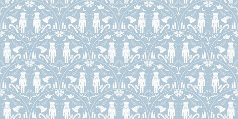 Intricate Vintage Pattern Design Featuring Elegant Cats and Floral Motifs on a Rich Burgundy Background