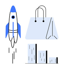 Rocket launching, minimalist shopping bag, upward-moving bar chart growth, e-commerce, startup, progress, business, innovation entrepreneurship. Ideal for business concepts development goals