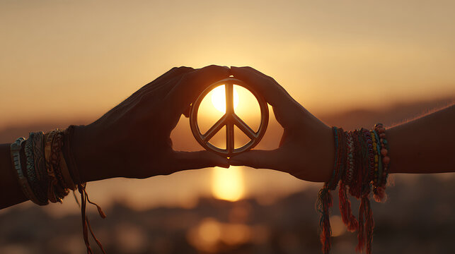 African and Asian activists hands clasped over peace symbol at