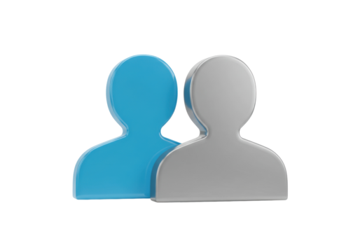 Two stylized people icons isolated on transparent background, blue and gray user symbols in PNG format