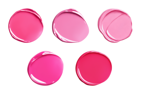 Collection of round cosmetics swatches, pink and magenta shades. Lip gloss or liquid lipstick texture with full coverage effect. Isolated element with clear even edge on transparent background
