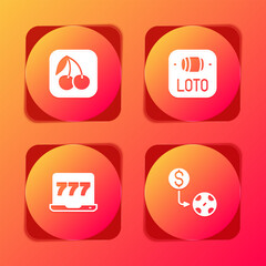 Set Slot machine with cherry, Lottery ticket, Laptop and slot and Casino chips exchange icon. Vector
