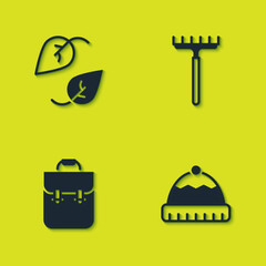 Set Leaf, Winter hat, School backpack and Garden rake icon. Vector