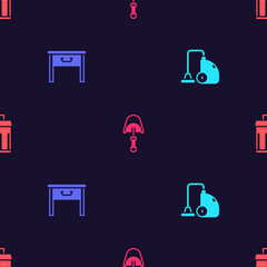 Set Vacuum cleaner, Furniture nightstand, Spatula and Trash can on seamless pattern. Vector