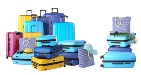 large collection of stacked modern colorful luggage, travel bags, and summer beach accessories isolated on a dark background for vacation concepts.