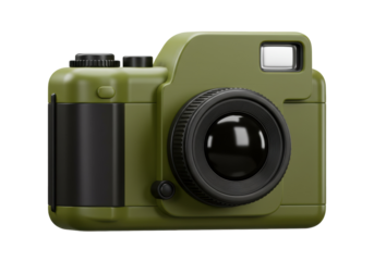 Olive green retro camera PNG isolated on transparent background, vintage photography equipment for creative projects