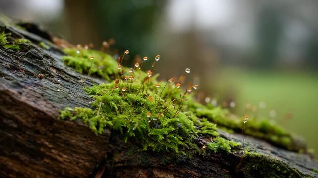 A picturesque scene displaying vibrant green moss adorned with sparkling raindrops atop a natural log, creating a serene and refreshing atmosphere that showcases nature's beauty.
