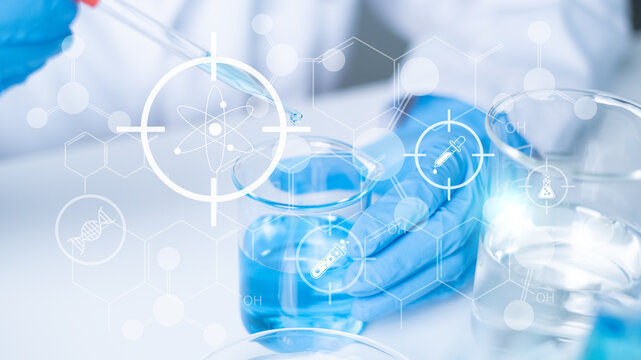 Professional healthcare worker doctor physician technician working in laboratory science biology microbiology biotechnology new discovery in vaccine medicine research innovation clinic hospital DNA - Powered by Adobe