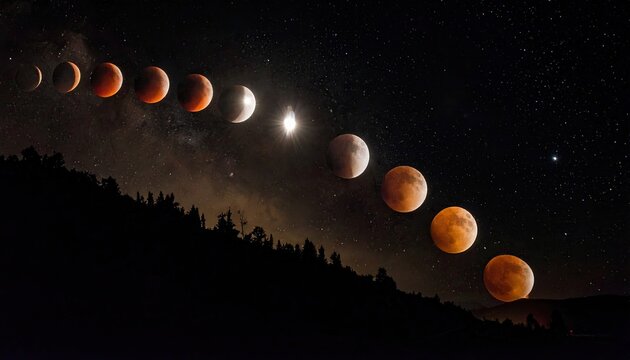 Multiple Exposure of Lunar Eclipse Over Silhouetted Mountain Landscape Under Starry Night Sky