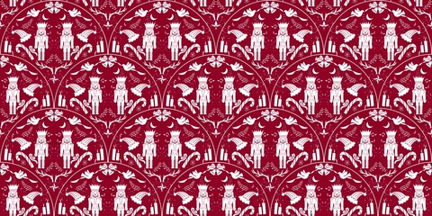 Intricate Vintage Pattern Design Featuring Elegant Cats and Floral Motifs on a Rich Burgundy Background