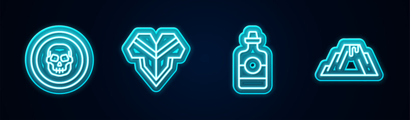 Obraz premium Set line Mexican skull coin, Poncho, Tequila bottle and Volcano eruption with lava. Glowing neon icon. Vector