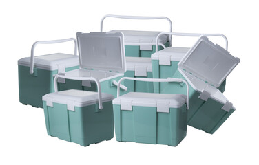 large grouping of various sizes of mint green and white plastic insulated coolers isolated on a transparent background.