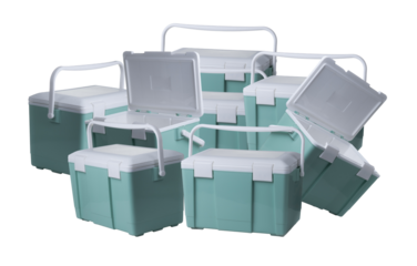 large grouping of various sizes of mint green and white plastic insulated coolers isolated on a transparent background.