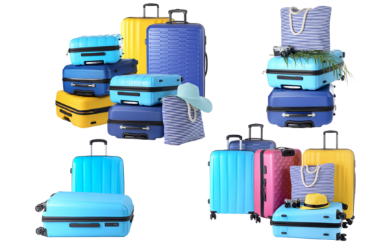 diverse grouping of colorful modern rolling luggage and essential beach accessories for a tropical summer vacation isolated on black.