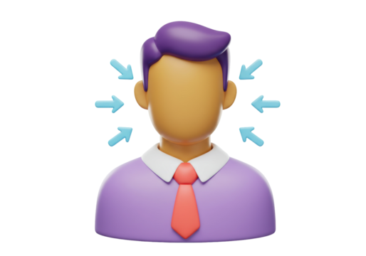 3D faceless man with purple hair and tie isolated PNG, concept of being targeted or influenced by external factors