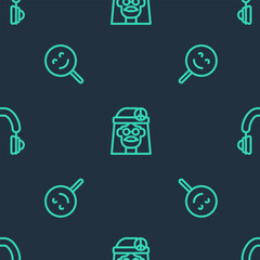 Set line Hippie girl, Smile face and Headphones on seamless pattern. Vector