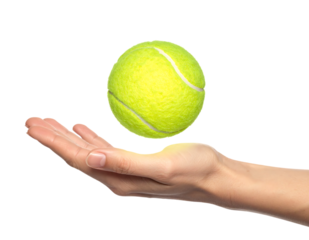 光るテニスボールに触れようとする手の躍動感あるシーン｜背景なし・透過PNG・コピースペース