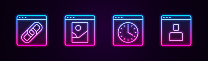 Set line Browser window, Photo retouching, and Create account screen. Glowing neon icon. Vector