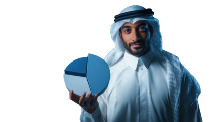 Arabian businessman analyzing the Chart: An Arabian businessman in traditional attire, presents and analyzes a pie chart representing business data and market analysis.